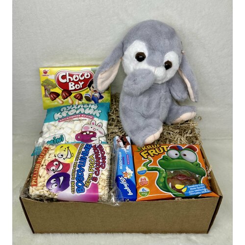 Детский подарочный набор, сюрприз бокс, для мальчика, для девочки, мягкая игрушка Зайчик-кролик 30 см, сладости, шоколад, мармелад
