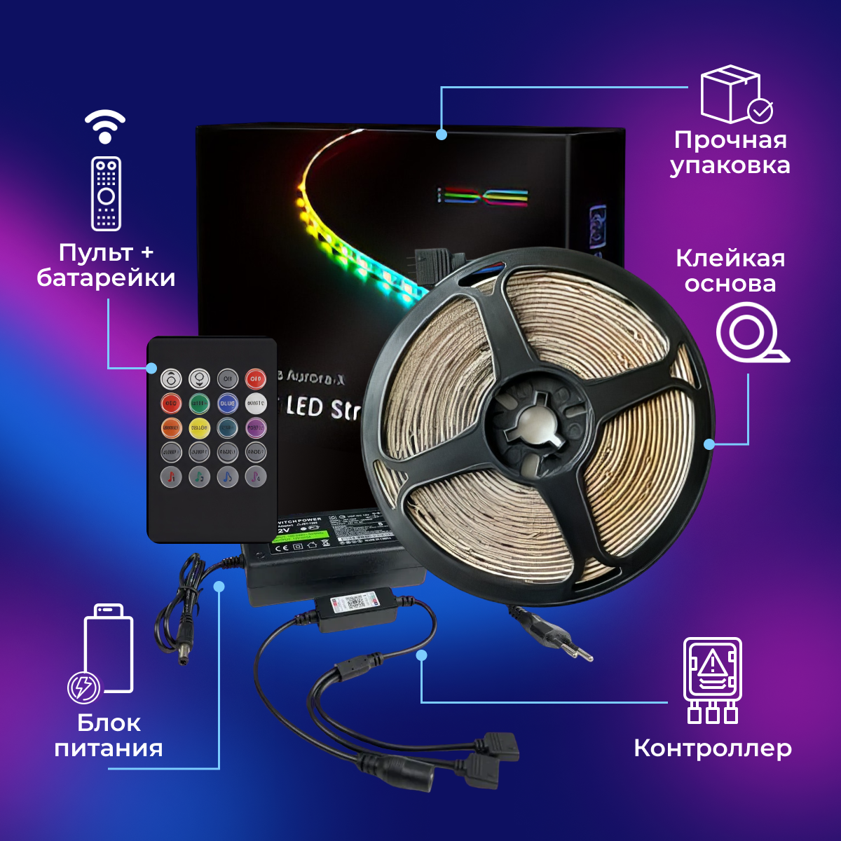 Светодиодная лента RGB Bluetooth с пультом управления многоцветная, подсветка, 15 метров / диоды 5050 - фотография № 2