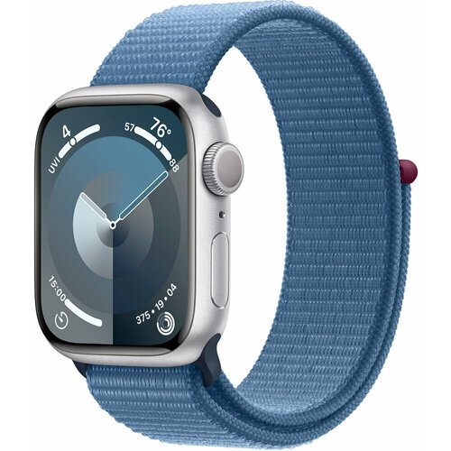 Watch Apple Watch Series 9, 41 мм, корпус из алюминия серебристого цвета, спортивный ремешок цвета «ледяной синий»