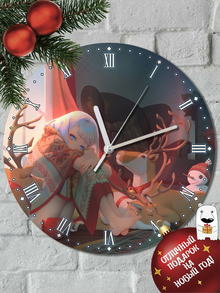 Настенные часы УФ "Новый год Девушка (кавай, аниме, тян, атмосфера, снеговик, олени) - 6039"