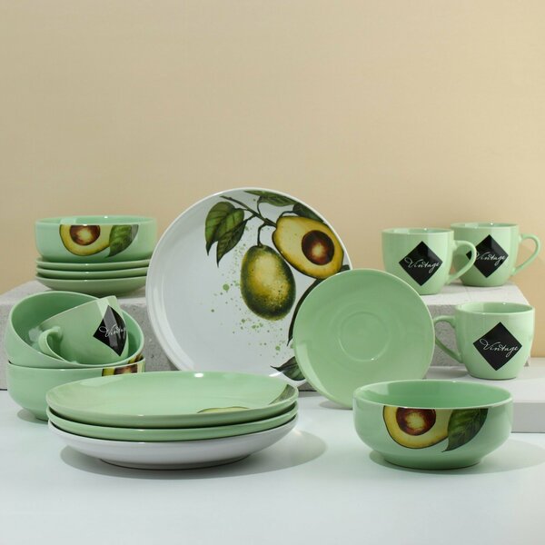 Набор посуды из керамики на 4 персоны «Авокадо», 16 предметов: 4 тарелки 23 см, 4 миски 14.5 см, 4 кружки 250 мл, 4 блюдца 15 см