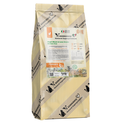 Yummy Linea сухой низкозерновой корм для взрослых стерилизованных кошек и кастрированных котов, с индейкой - 10 кг