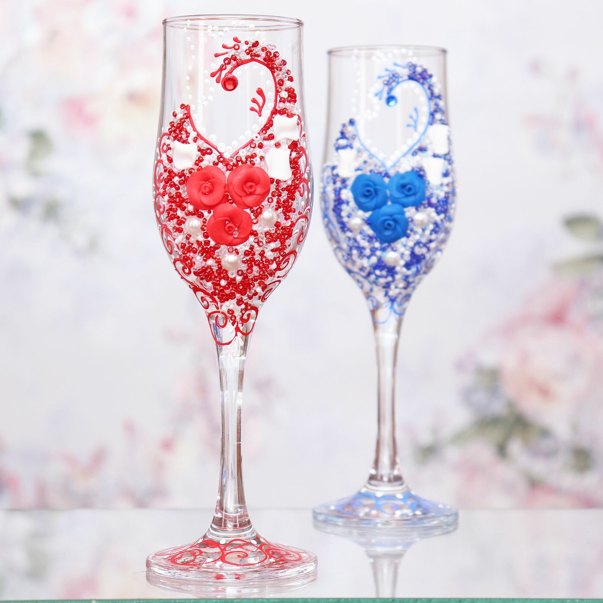 Свадебные бокалы для шампанского "Сердце Сине Красное"