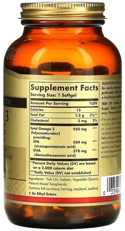 Solgar, Omega 3, EPA & DHA, Triple Strength, 950 mg, омега-3, ЭПК и ДГК, тройной концентрации, 950 мг, 100 капсул — фото 1