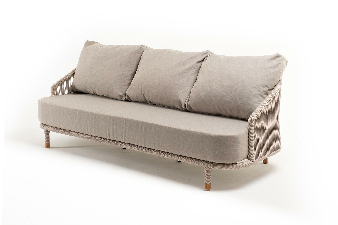 Диван 4SIS  Верона  диван 3 местный плетеный из роупа  каркас алюминий белый муар  роуп бежевый круглый  ткань бежевая 15052 арт  VER S 3 001 W Mua beige beige15052 