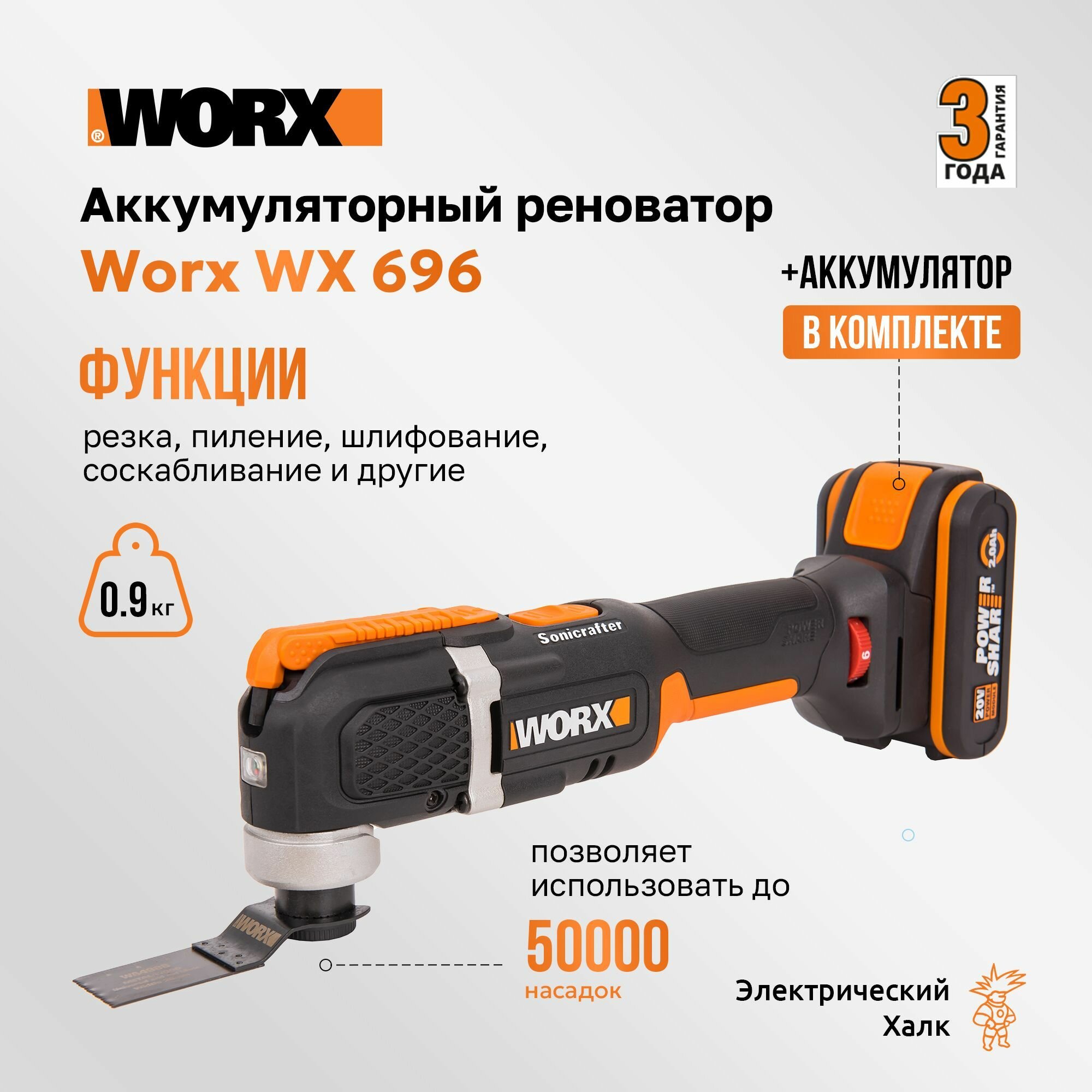 Аккумуляторный реноватор Worx Sonicrafter WX696 18000 кол/мин 20В АКБ 2 Ач + ЗУ 2А кейс