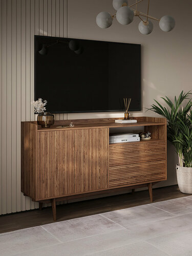 Изображение товара Тумба под телевизор напольная Puzzlemebel Форест, высокий комод с выдвижными ящиками на ножках, 150 см, коричневый