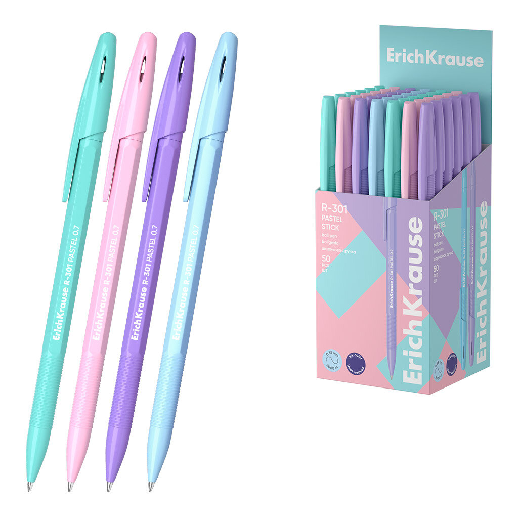 Ручка шариковая ErichKrause R-301 Pastel Stick, синяя, набор по 50 штук