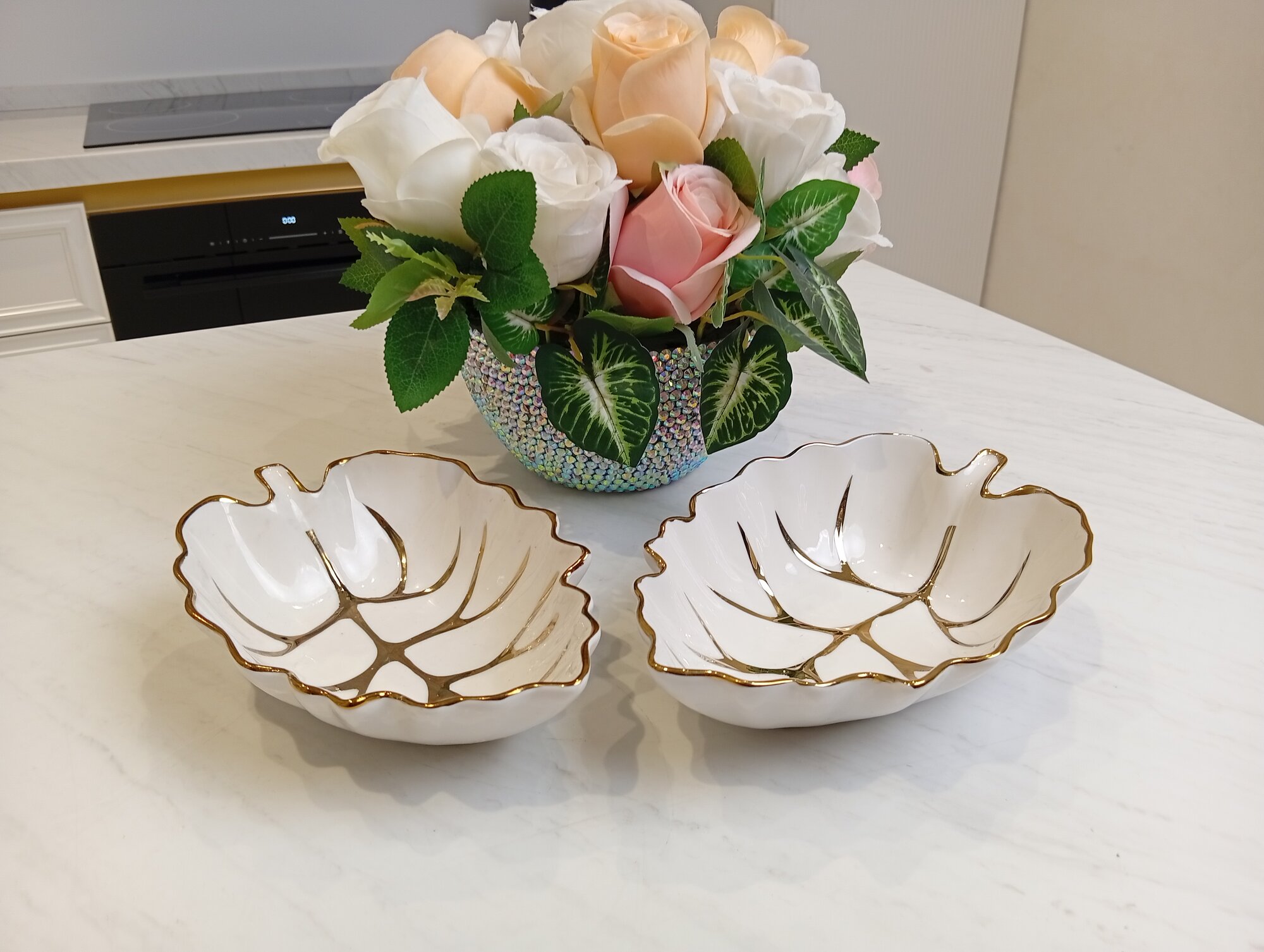 Набор салатниц "Роскошь", фарфор, белый и золотой цвет, с лиственным узором, 2 тарелки