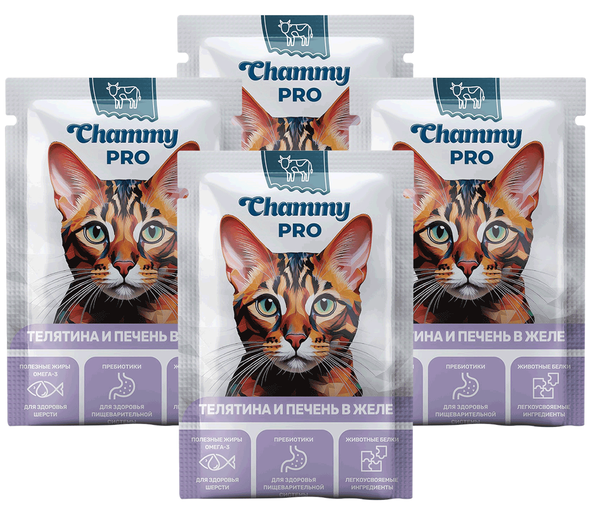 Влажный корм Chammy Pro для взрослых кошек, телятина и печень в желе, 85 г х 4 шт