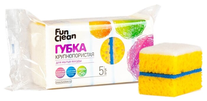 Fun Clean Губка для посуды Крупнопористая, 5 шт, 2 упаковки