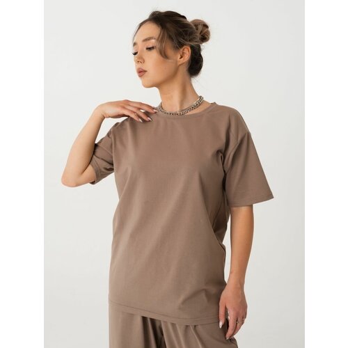 фото Футболка оверсайз, хлопок, однотонная, дышащий материал, размер 42-44, бежевый enji-store