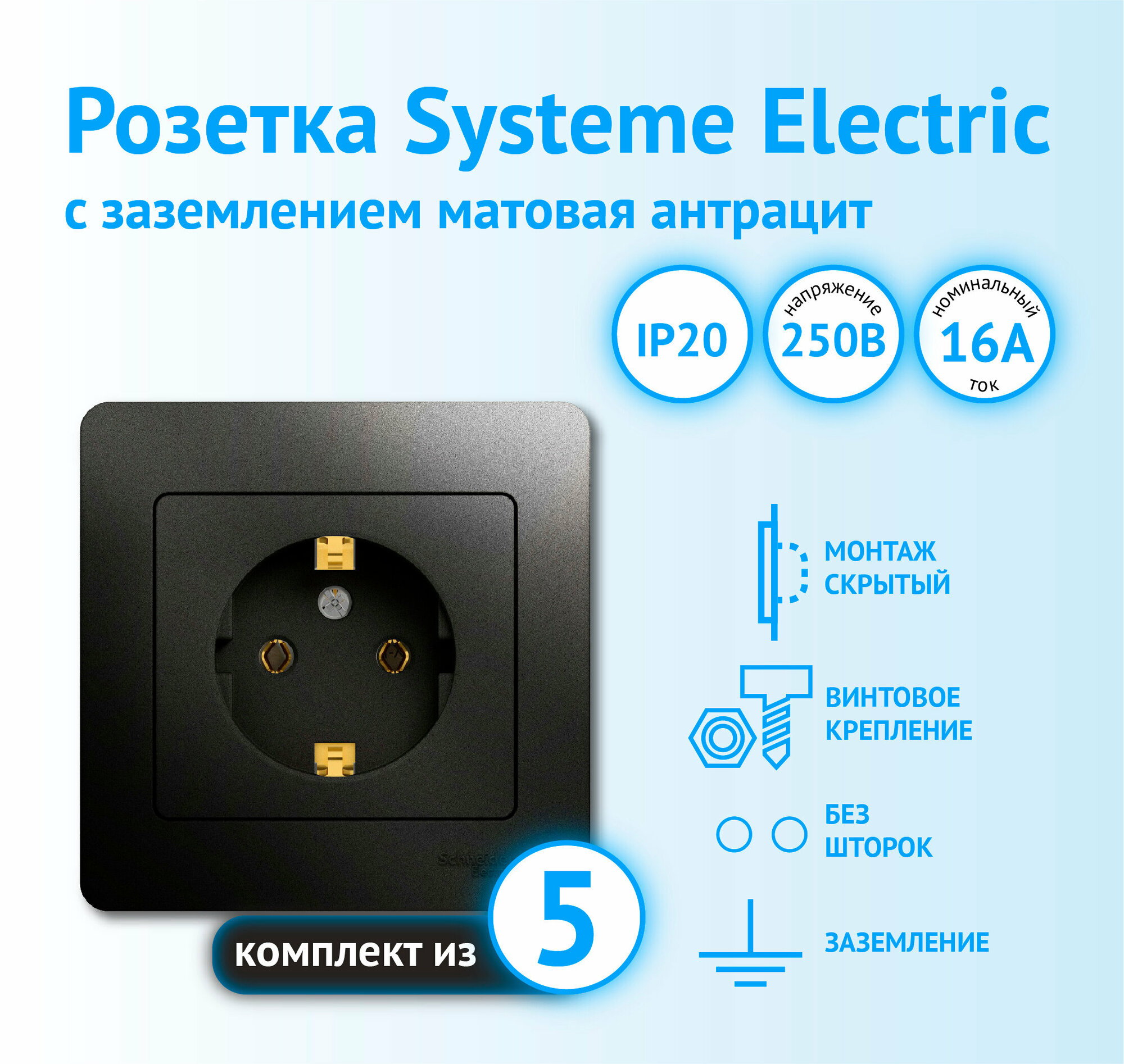 Розетка Schneider Electric Glossa с заземлением антрацит (комплект из 5 шт)