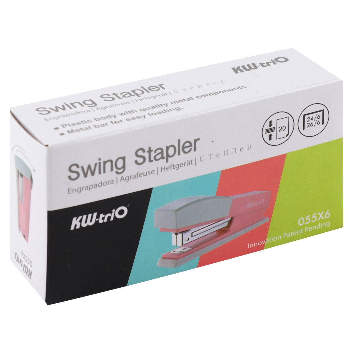 Степлер Kw-Trio Swing Standing 24/6 26/6 (20листов) розовый 100скоб пластик коробка 12 шт./кор. - фото №3
