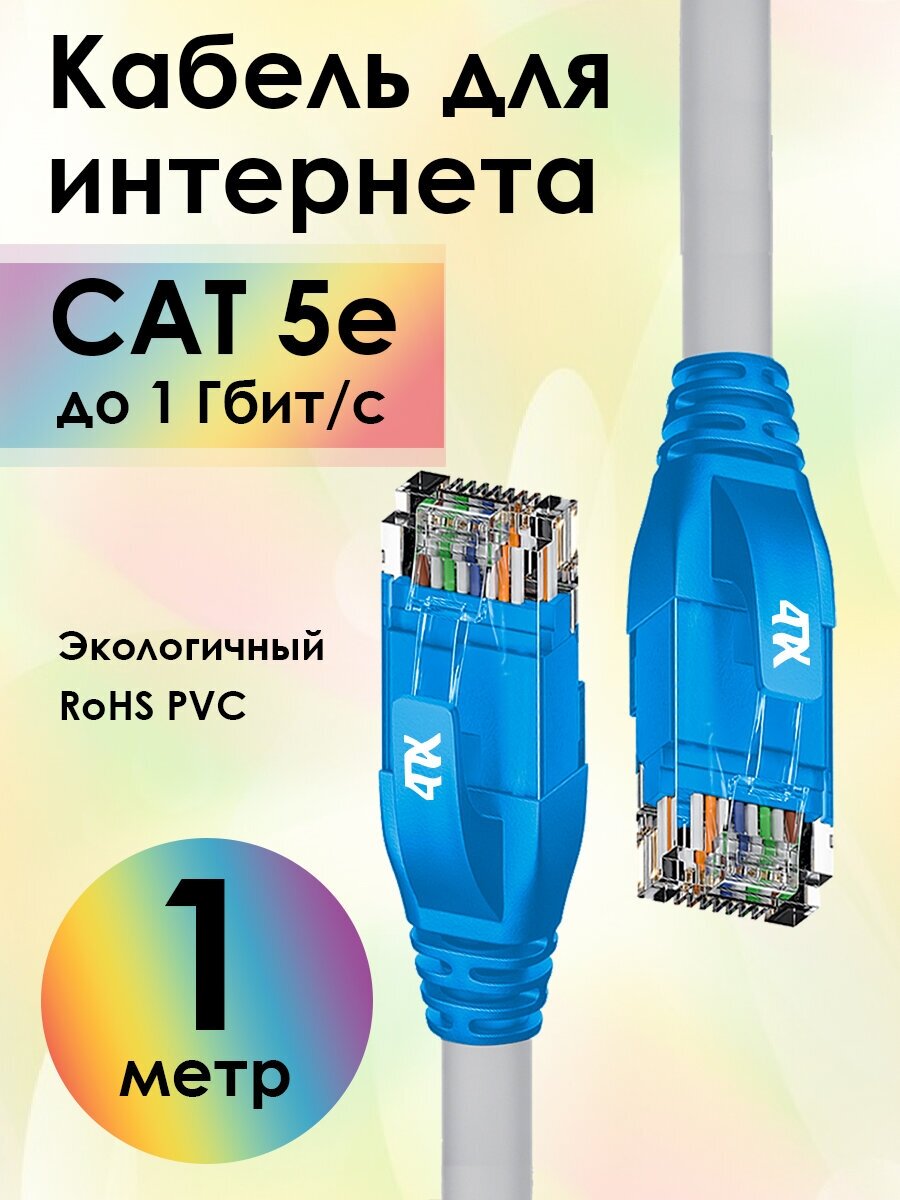 Патч-корд UTP LAN компьютерный кабель для подключения интернета cat 5e RJ45 1Гбит/c (4PH-LNC5000) серый; синий 1.0м