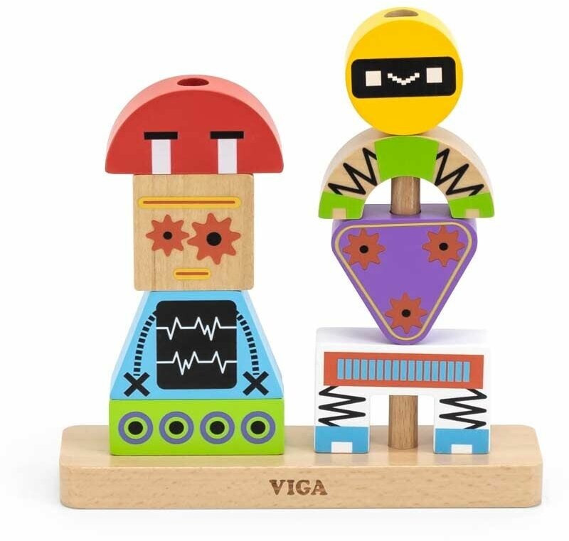 Блочный 3D-пазл Viga Toys Пирамидка Роботы 8 деталей и 10 двусторонних карточек с вариантами сборки, 44652 - фотография № 10