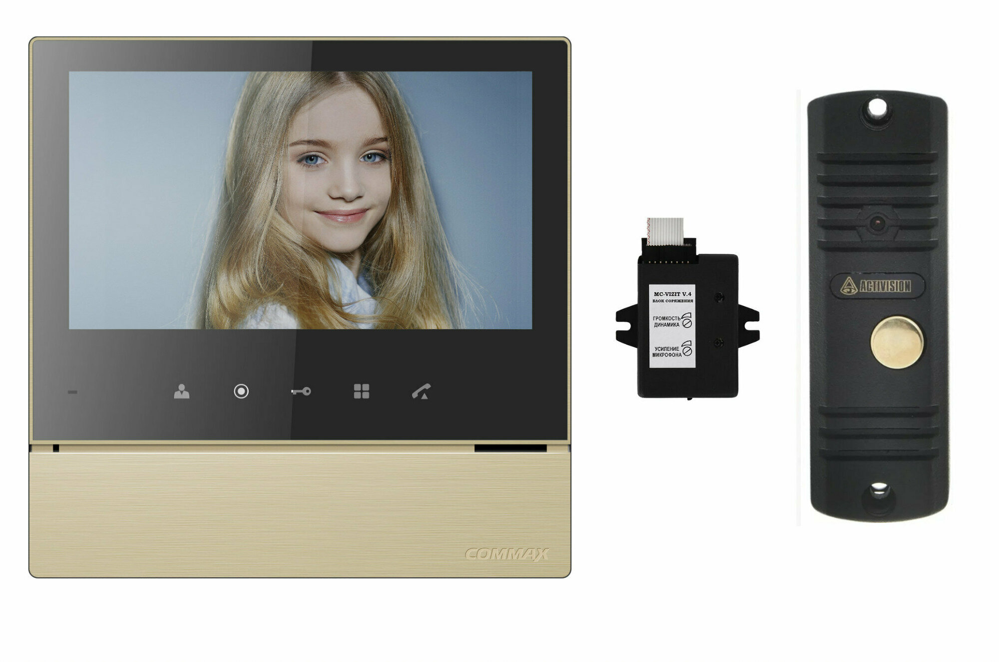 Комплект видеодомофона и вызывной панели COMMAX CDV-70H2 (Золото Black Smog) / AVC 305 (Черная) + Модуль VZ Для координатного подъездного домофона