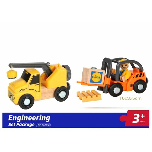 Деревянная железная дорога: поездной состав, автокран и погрузчик, машинки на магнитах для поездов и электропоездов
