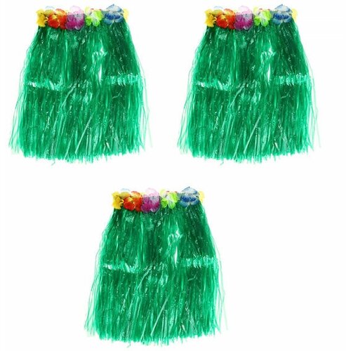 гавайская юбка разноцветная с цветочками 40 см набор 3 шт Гавайская юбка, цвет зеленый 40 см (Набор 3 шт.)