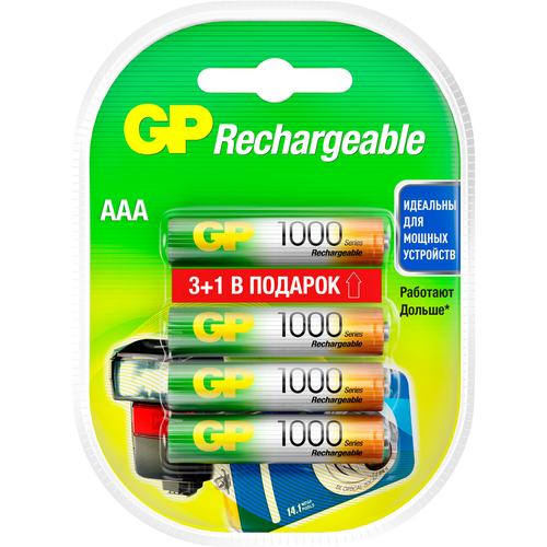 Аккумулятор GP 1000 series (min 950mAh) AAA/HR03 NiMh бл/4шт аккумулятор gp smart energy 40aaahcsv 400mah 2шт size aaa nimh