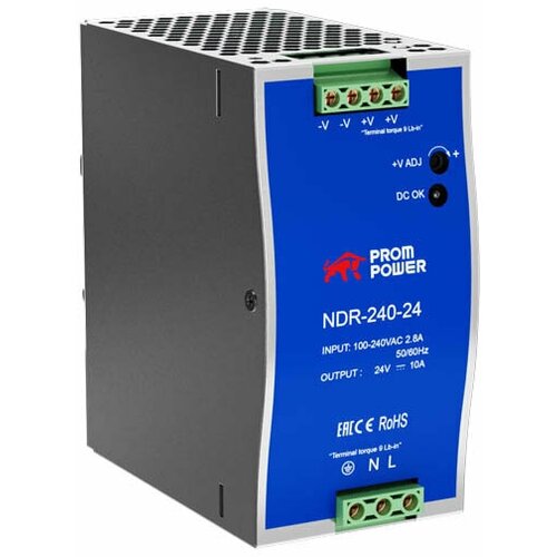 Источник питания Prompower NDR-240-24, на выходе 24 В DC, 10 А, 240 Вт. Входное 85-264 В AC (120-370 В DC) источник питания prompower mdr 20 24 на выходе 24 в dc 0 82a 20 вт входное 85 264 в ac 120 370 в dc