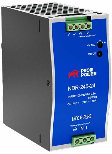 Источник питания Prompower NDR-240-24, на выходе 24 В DC, 10 А, 240 Вт. Входное 85-264 В AC (120-370 В DC)