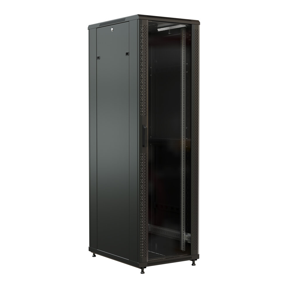 Шкаф серверный WRline (WR-TT-4261-AS-RAL9004) напольный 42U 600x1000мм пер. дв. стекл задн. дв. стал. лист 2 бок. пан. 800кг черный 910мм 2055мм IP20 сталь