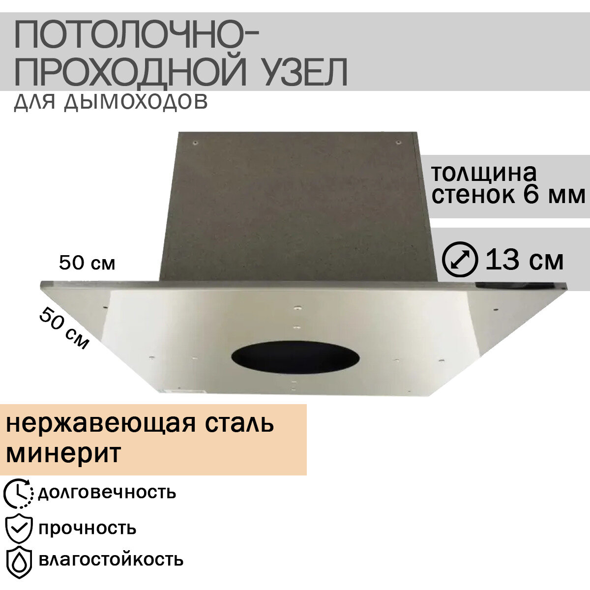 Потолочно-проходной узел для дымоходов, минерит 500*500 d-130 - фотография № 1