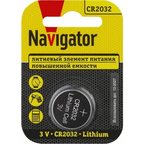 Элемент питания литиевый CR2032 93 823 NBT-CR2032-BP1 (блист.1шт) NAVIGATOR 93823 элемент питания литиевый cr2032 94 765 nbt cr2032 bp5 блист 5шт 94765 navigator 6 упак