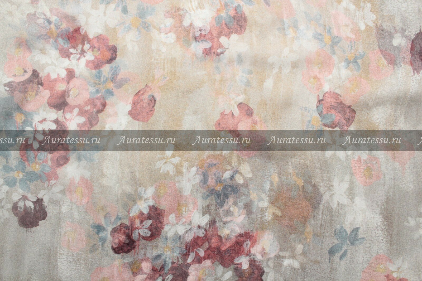 Ткань Шёлк-шифон бежево-серый с розоватым цветочным узором, ш132см, 0,5 м