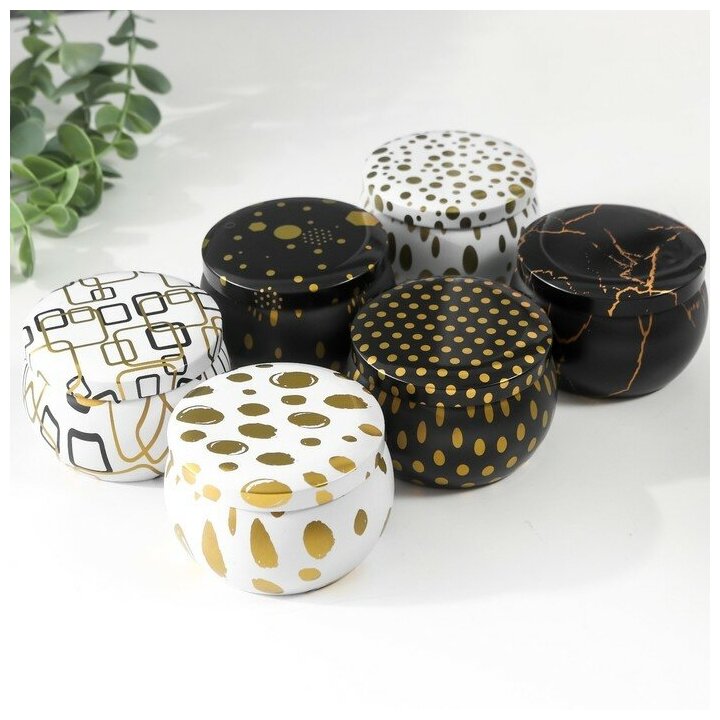 фото Sima-land Шкатулка металл круглая "Рисунки золотом на белом и чёрном" микс 5,2х7,5х7,5 см