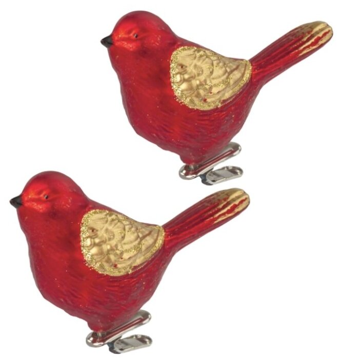Украшения елочные золотая сказка Птичка, набор 2 шт., пластик, 11 см, цвет красный с золотыми крыльями, 590893 1 шт.