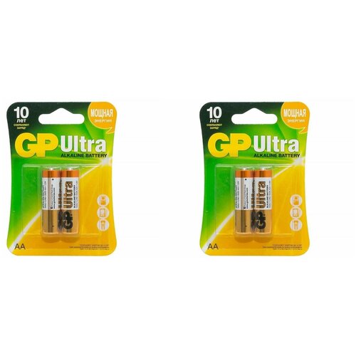 GP Батарейки Ultra AA/LR6/15AU, 2 шт, 2 уп комплект 30 упаковок батарейки gp ultra aa lr6 15au алкалин бл 2