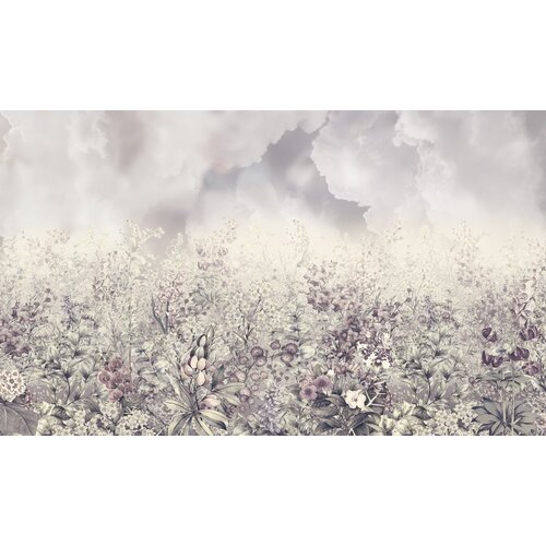 Моющиеся виниловые фотообои GrandPiK Цветущий луг и небо перед грозой, 420х250 см