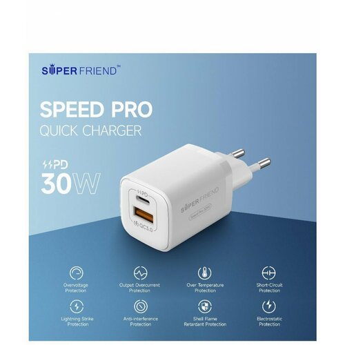 Зарядное устройство USB + Type C 3A SuperFriend Nano Smart Quick Charge 30Вт белый, быстрая зарядка, блок питания для телефона, зарядник Юсб Тайп Си