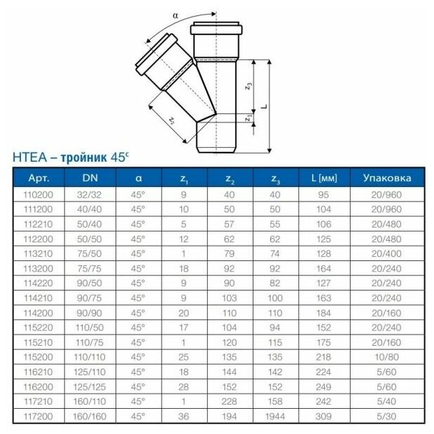 HTEA 111200 Тройник косой 40/40 мм (45°) Упаковка (20 шт.) Ostendorf - фото №3