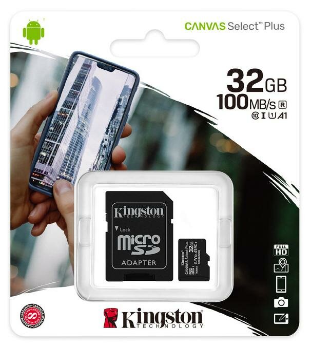 Карта памяти microSDHC Kingston 32Gb Canvas Select Plus 100MB/s U1 A1 SDCS2/32GB, 1шт.