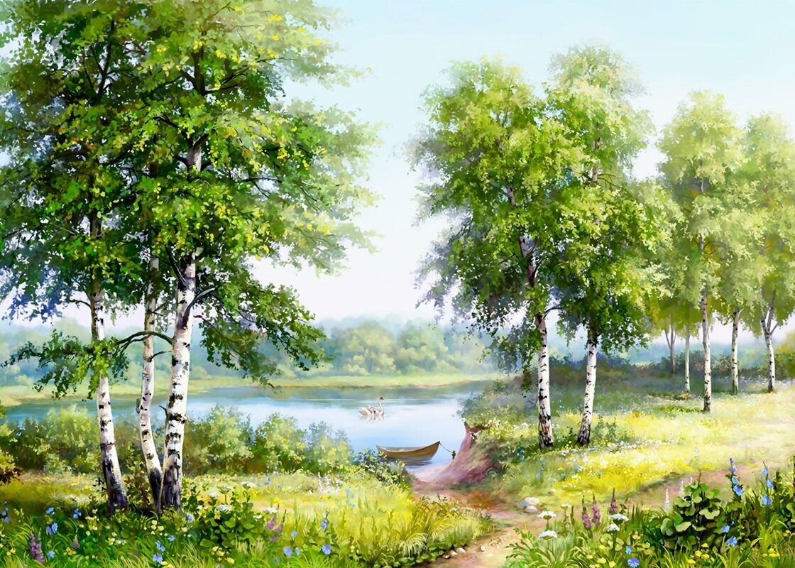 фото Моющиеся виниловые фотообои GrandPiK Русские березки и лебедь. Живопись, 200х145 см