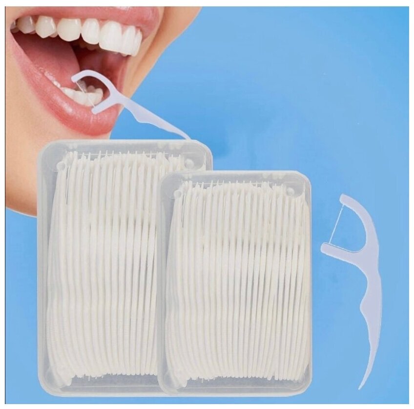Флоссеры, зубные нити с зубочистками (50 штук), белые