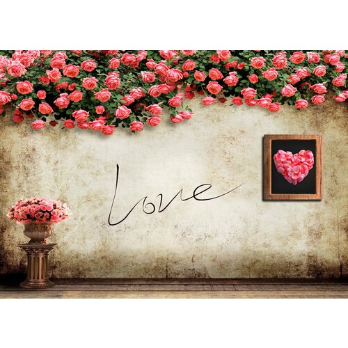 Моющиеся виниловые фотообои GrandPiK Love и розы на стене, 350х250 см