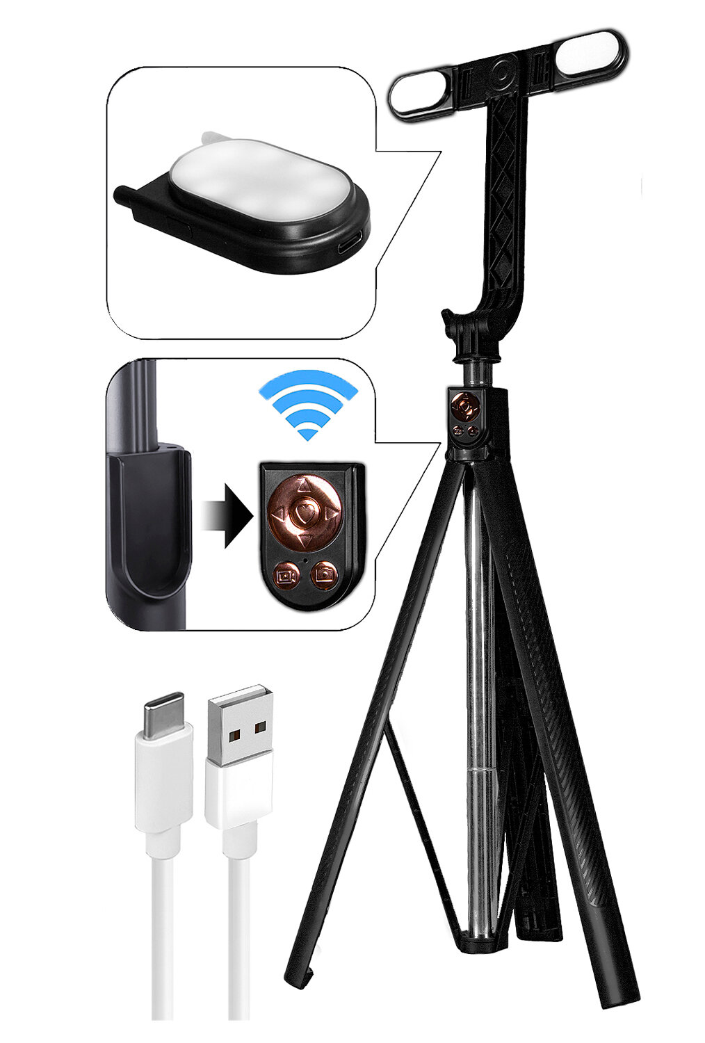 Монопод штатив для телефона Selfie Stick Tripod H220D с bluetooth-пультом и подсветкой