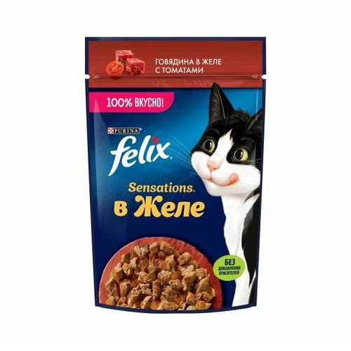 Felix Sensations 75 г пауч влажный корм для кошек, с говядиной в желе с томатами 52 шт