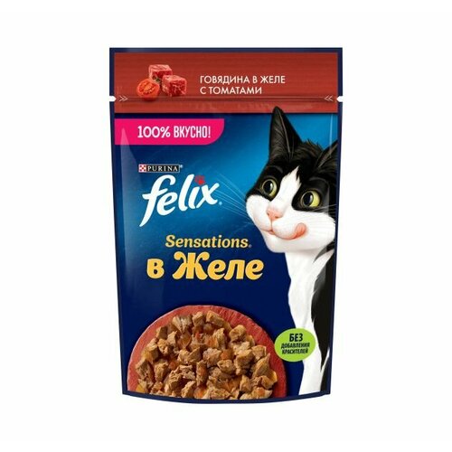 Felix Sensations 75 г пауч влажный корм для кошек, с говядиной в желе с томатами 78 шт