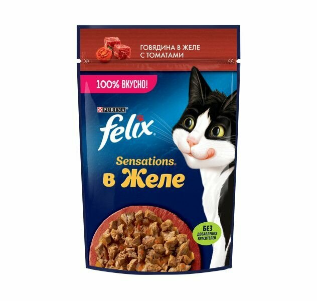 Felix Sensations 75 г пауч влажный корм для кошек, с говядиной в желе с томатами 52 шт