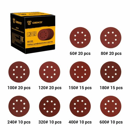 Набор шлифовальных кругов DEKO SD150 (P60, P80, P100, P120, P150, P180, P240, P320, P400, P600), 125 мм, 150 шт