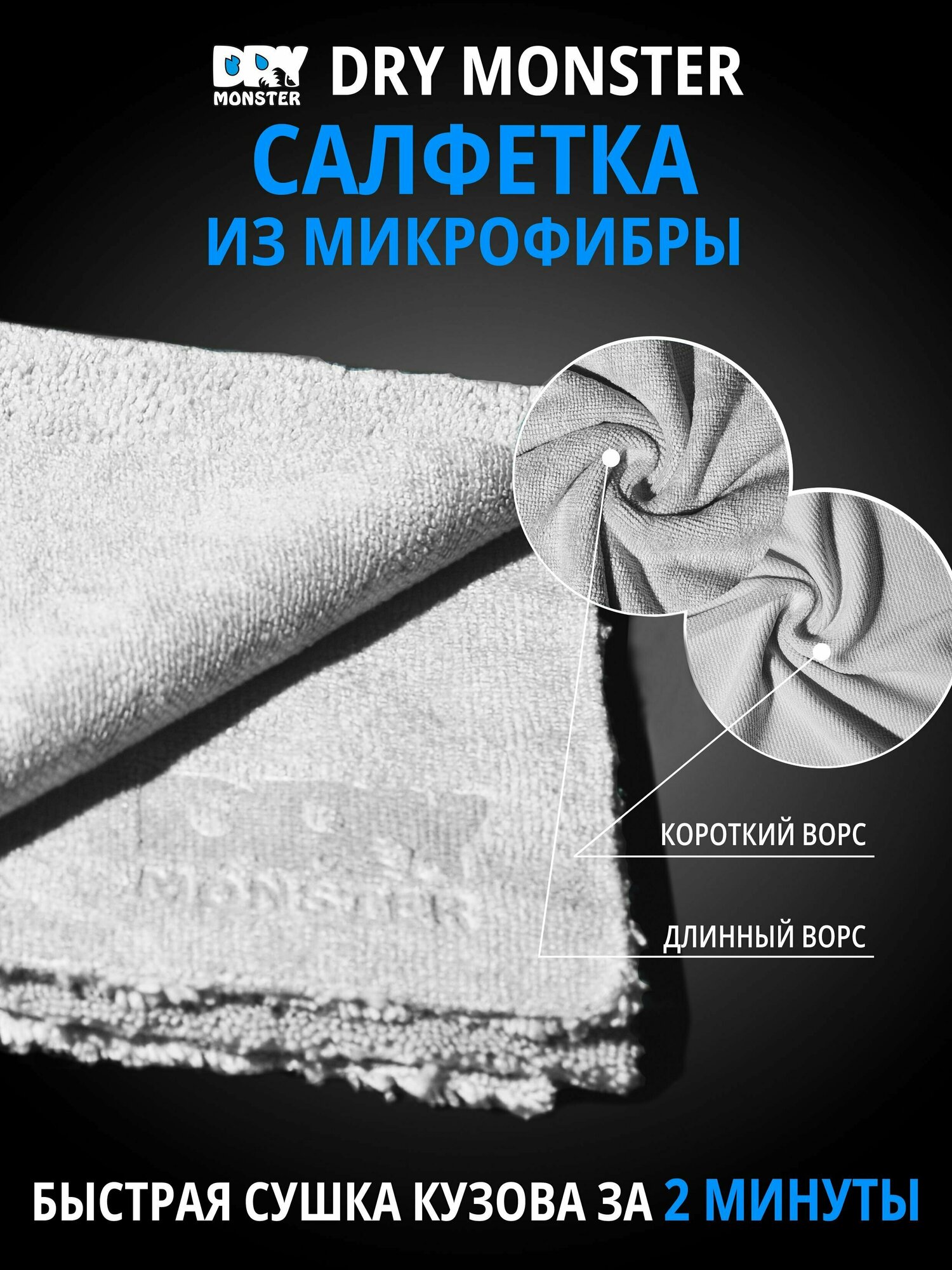 Салфетка двухсторонняя универсальная для авто. Тряпка для уборки. Микрофибра для полировки DRY MONSTER universal 520гр 40*40 — фото 3
