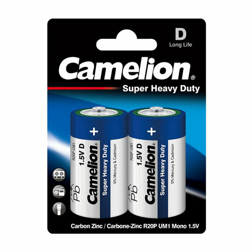 Батарейки солевые CAMELION BLUE SUPER HEAVY DUTY 3217, R20, D, 1.5В, 8000 мАч, упаковка 2шт батарейки camelion r20 sr 2 12 шт