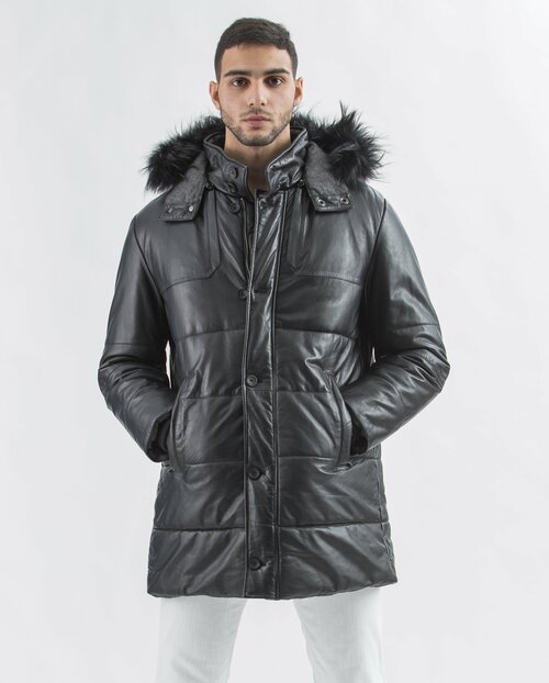 Кожаная куртка Gallotti, мужская зимняя, силуэт прямой, утепленная, ветрозащитная, карманы, быстросохнущая, подкладка, герметичные швы, отделка мехом, водонепроницаемая, внутренний карман, капюшон, съемный капюшон, размер 60, черный
