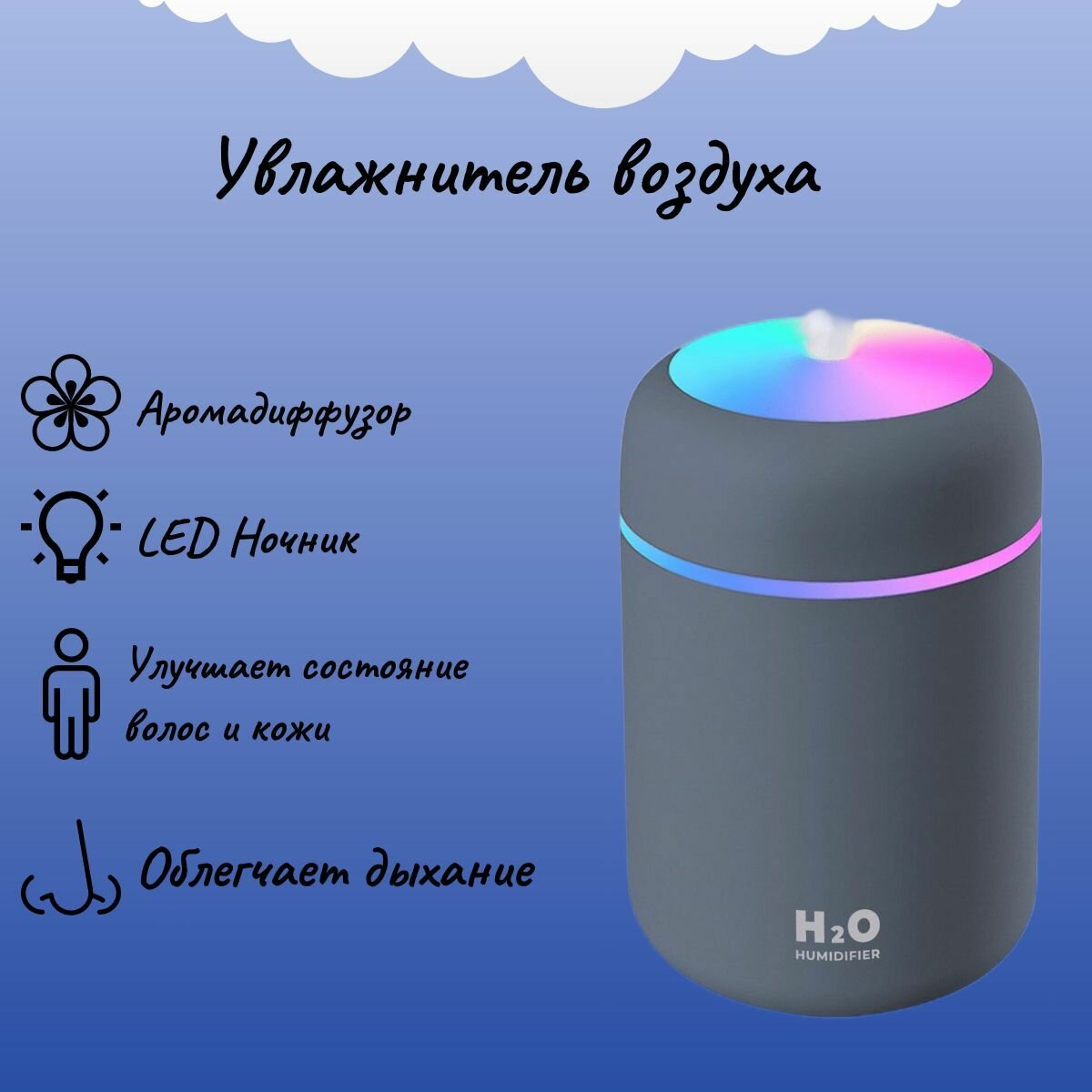 Увлажнитель воздуха H2O Humidifier увлажнитель ультразвуковой (Аромадиффузор c LED подсветкой настольный, Ночник в детскую с режимом увлажнения, Серый - фотография № 1