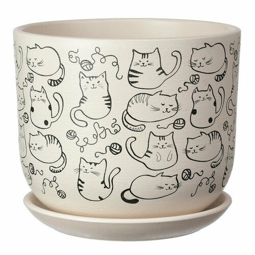 Горшок керамический с поддоном коты белый бук 0,8 л